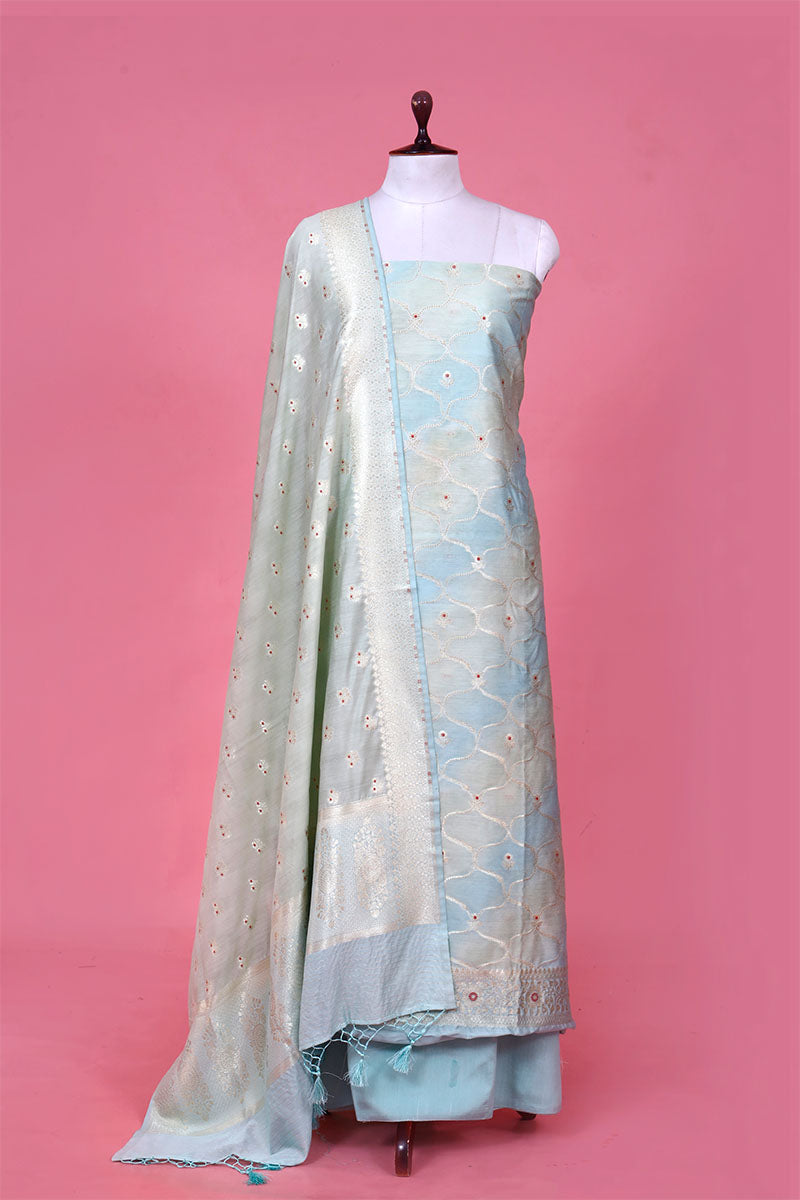 Light Blue Geometrical Shaded Mulberry Silk Suit Piece for Pary