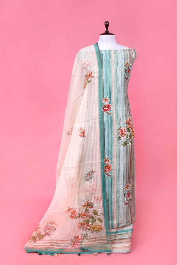 Buy Sea Blue Embellished Linen Dress Material Online