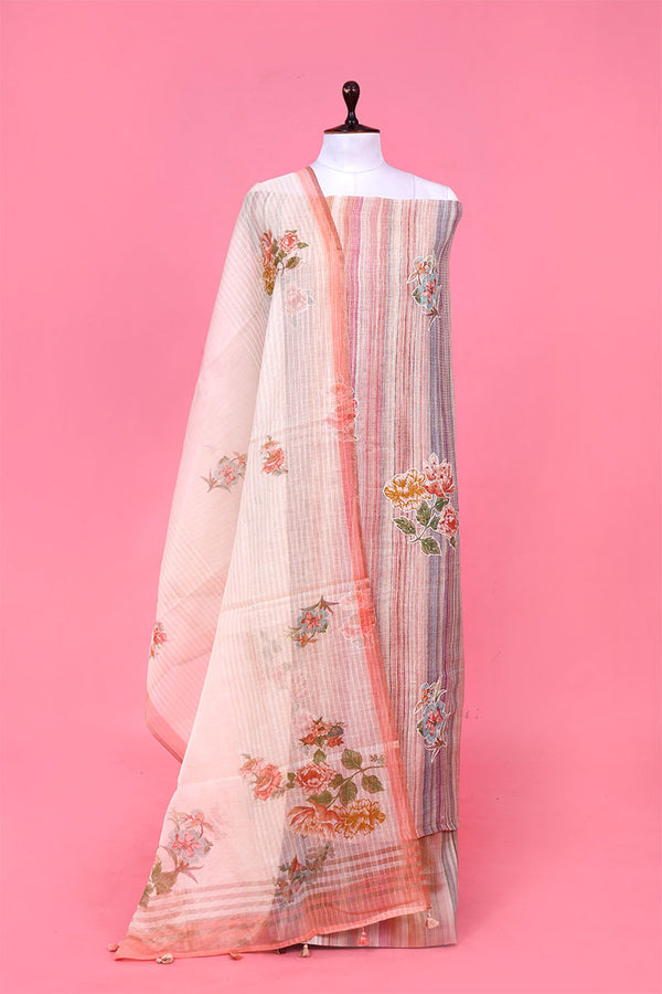 Buy Brown Embellished Linen Dress Material Online