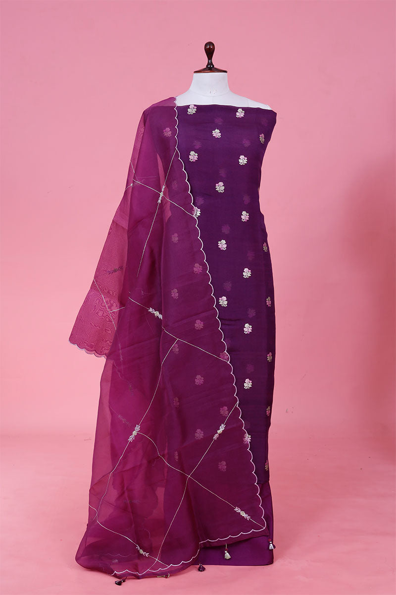 Buy Purple Handwoven Organza Dress Material Online