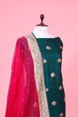 Bottle Green Tussar Silk Suit Piece with Pink Organza Dupatta