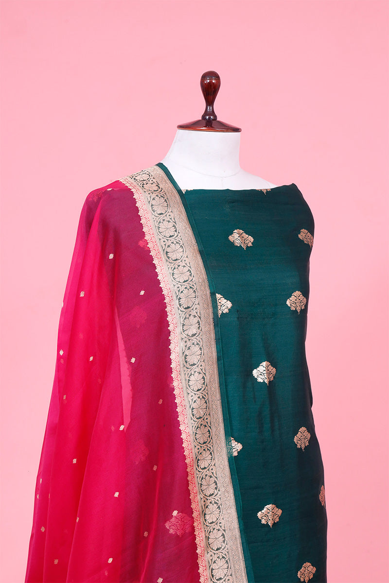 Bottle Green Tussar Silk Suit Piece with Pink Organza Dupatta