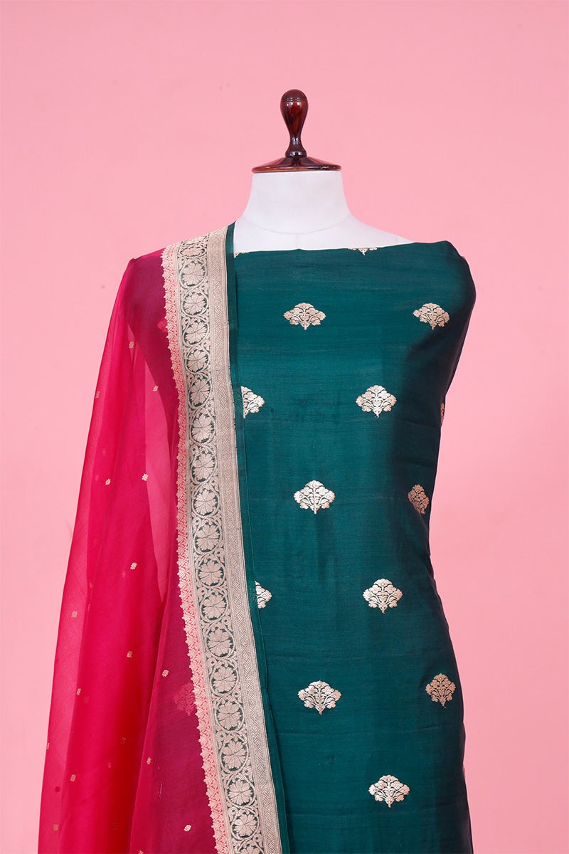 Bottle Green Tussar Silk Suit Piece with Pink Organza Dupatta