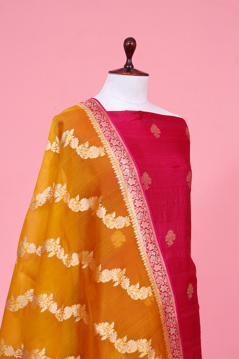 Raspberry Pink Tussar Silk Salwar Suit with Yellow Organza Dupatta