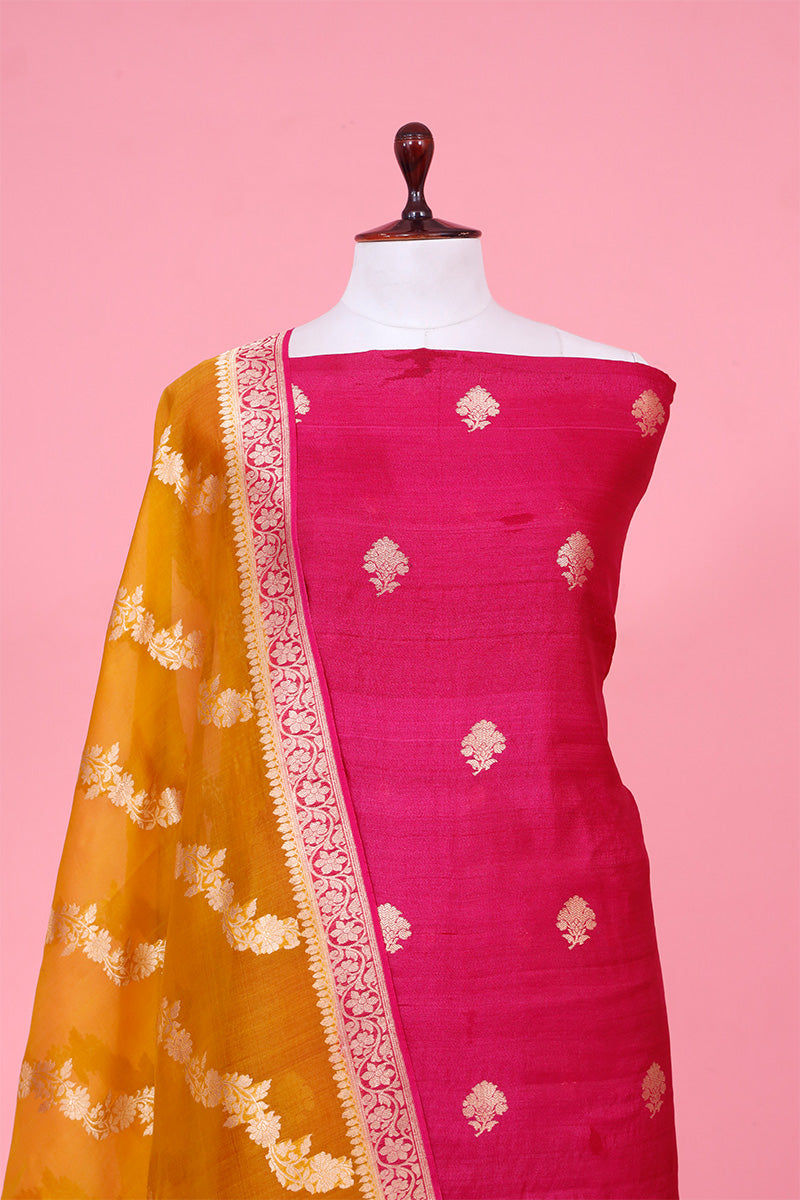 Raspberry Pink Tussar Silk Salwar Suit with Yellow Organza Dupatta