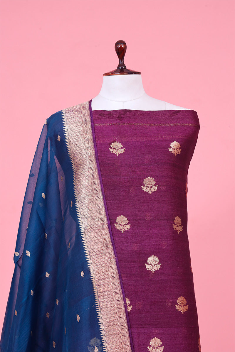 Purple Tussar Silk Unstitched Salwar Suit with Blue Organza Dupatta