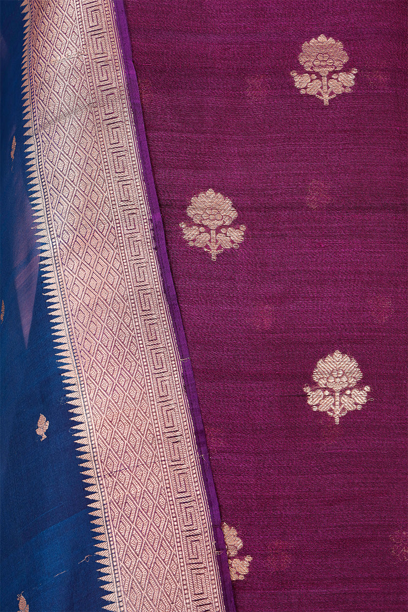 Purple Tussar Silk Unstitched Salwar Suit with Blue Organza Dupatta