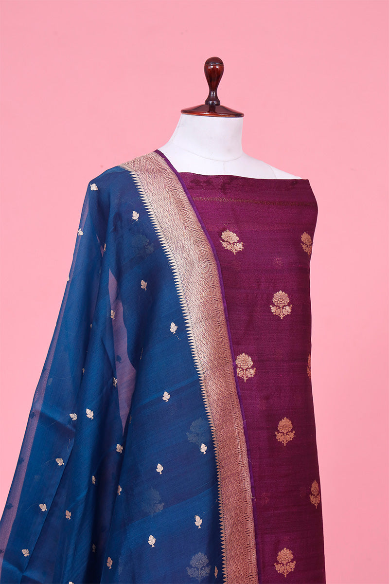 Purple Tussar Silk Unstitched Salwar Suit with Blue Organza Dupatta