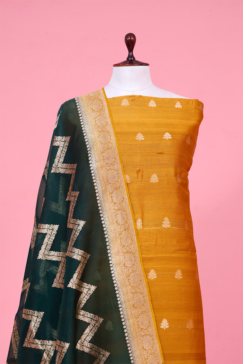 Mustard Yellow Tussar Silk Unstitched Salwar Suit with Organza Dupatta