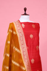 Rust Red Tussar Silk Unstitched Salwar Suit with Organza Dupatta