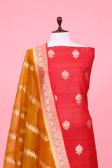 Rust Red Tussar Silk Unstitched Salwar Suit with Organza Dupatta