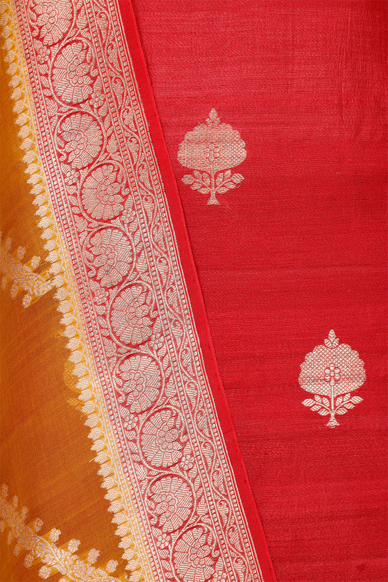 Rust Red Tussar Silk Unstitched Salwar Suit with Organza Dupatta