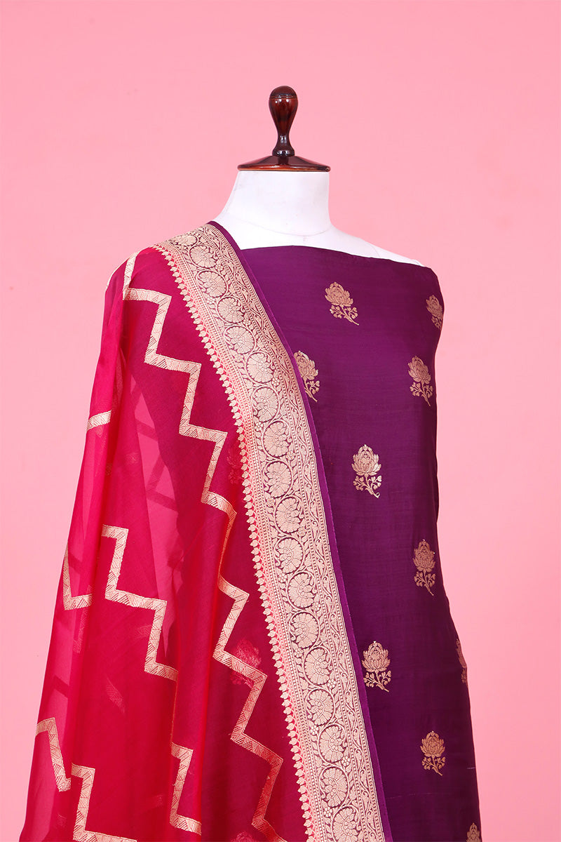 Deep Purple Chiniya Silk Unstitched Salwar Suit with Organza Dupatta