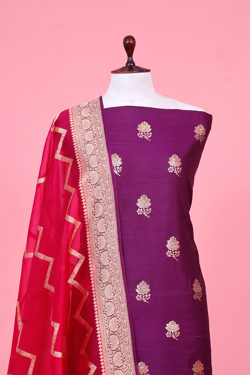 Deep Purple Chiniya Silk Unstitched Salwar Suit with Organza Dupatta