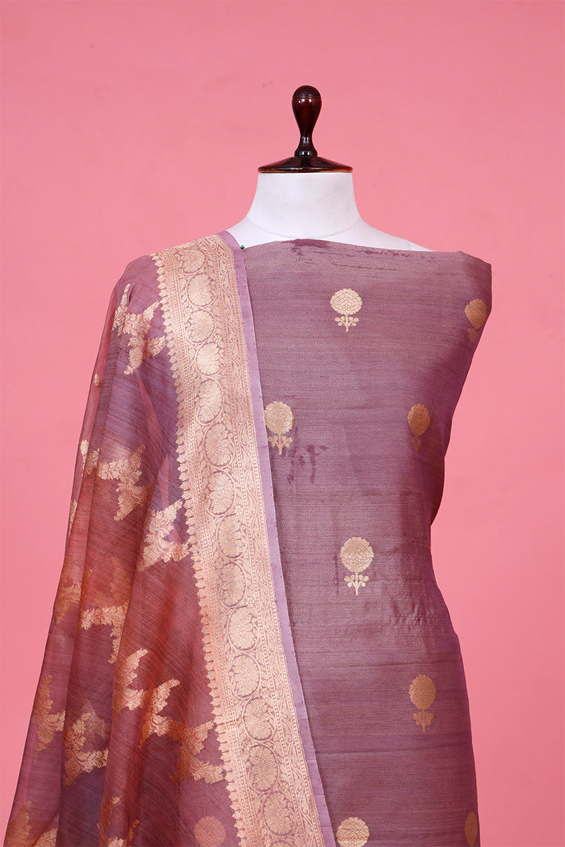 Rust Mauve Handloom Tussar Silk Unstitched Salwar Suit