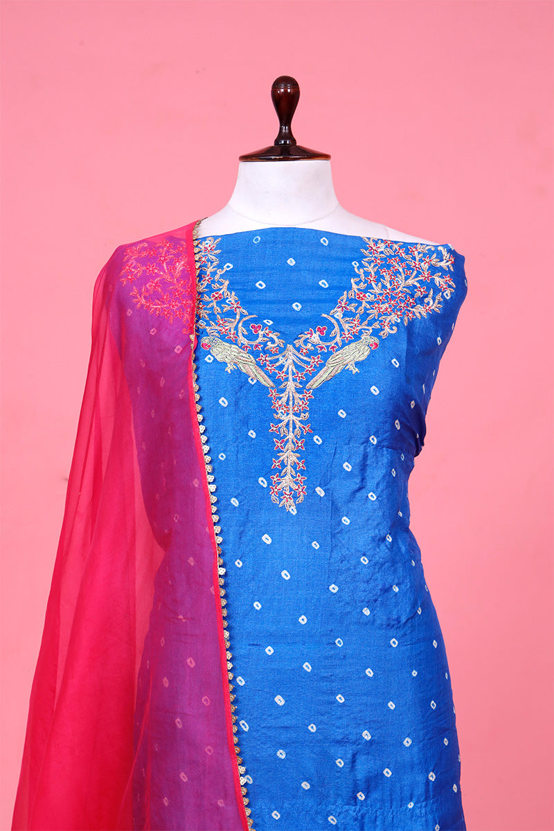 Blue Tussar Silk Bandhani Suit Piece with Pink Organza Dupatta