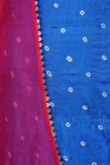 Blue Tussar Silk Bandhani Suit Piece with Pink Organza Dupatta