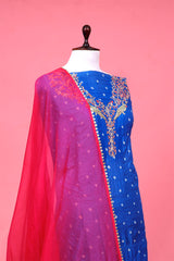 Blue Tussar Silk Bandhani Suit Piece with Pink Organza Dupatta