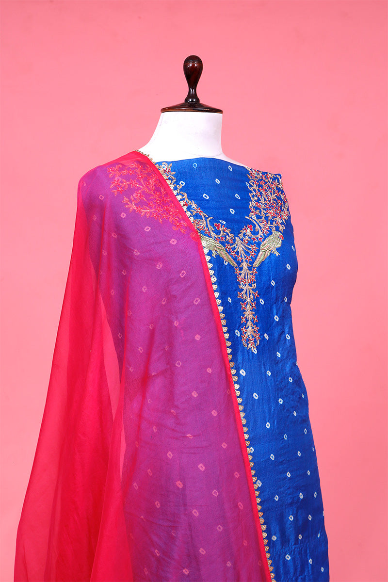 Blue Tussar Silk Bandhani Suit Piece with Pink Organza Dupatta