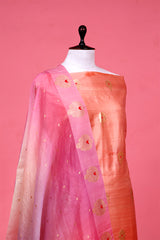 Peach Handloom Puna Banarasi Silk Unstitched Salwar Suit with Organza Dupatta