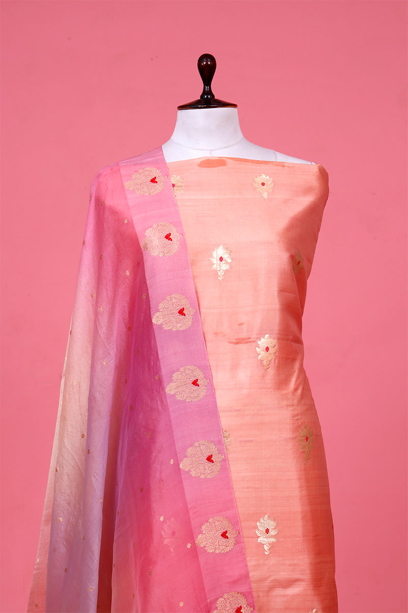 Peach Handloom Puna Banarasi Silk Unstitched Salwar Suit with Organza Dupatta