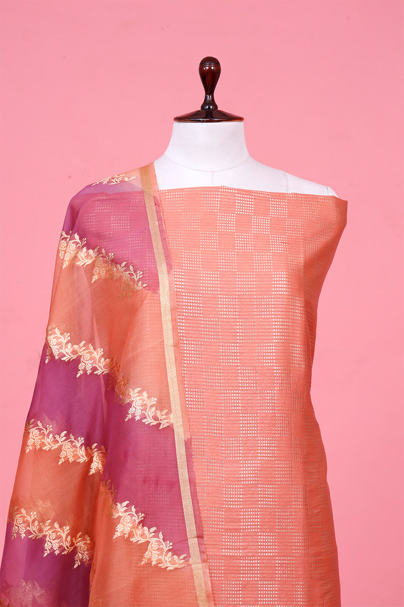 Peach Mulberry Silk Unstitched Salwar Suit with Handloom Dupatta