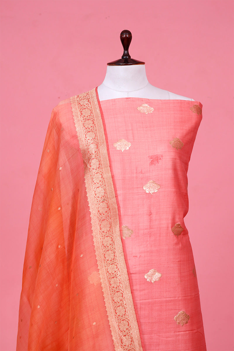 Pink Shaded Chiniya Silk Unstitched Salwar Suit with Organza Dupatta