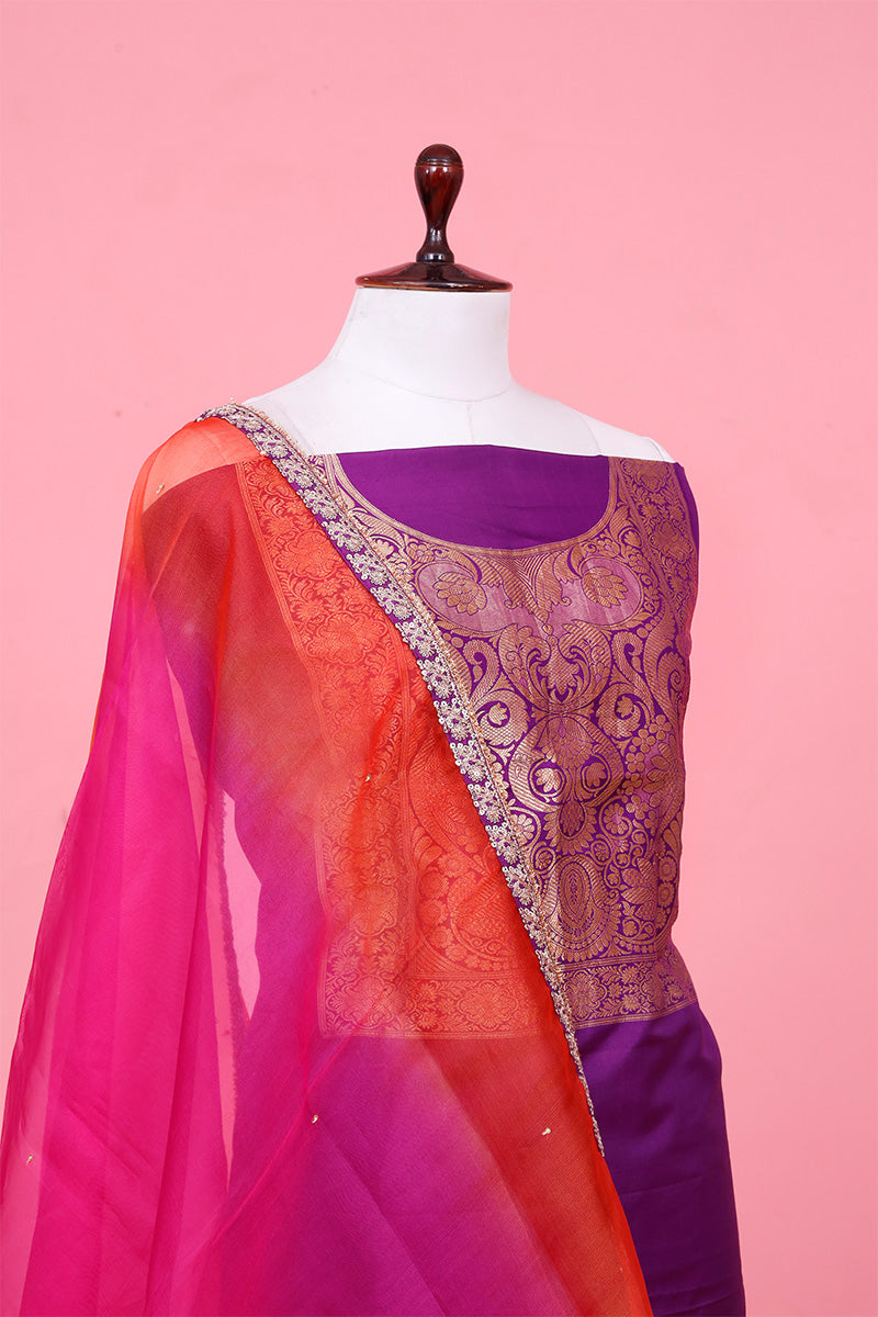 Purple Katan Silk Unstitched Salwar Suit with Organza Dupatta