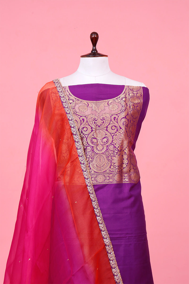 Purple Katan Silk Unstitched Salwar Suit with Organza Dupatta