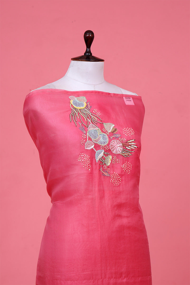 Pink Organza Silk 2-Piece Suit with Marine Motif