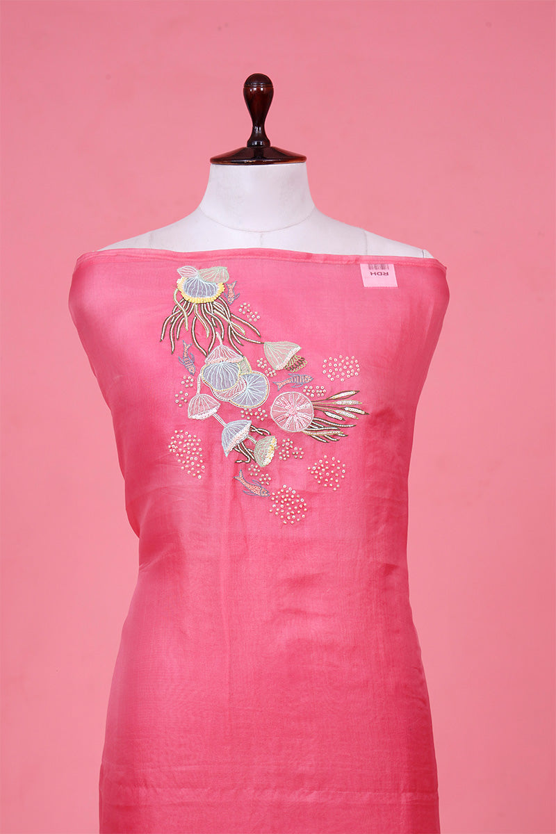 Pink Organza Silk 2-Piece Suit with Marine Motif