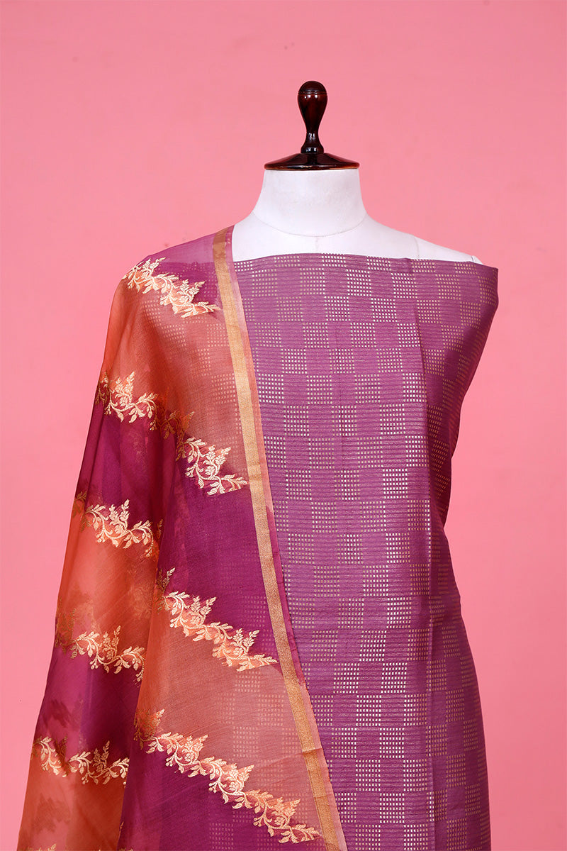 Deep Mauve Mulberry Silk Suit Piece with Rangkat Organza Dupatta