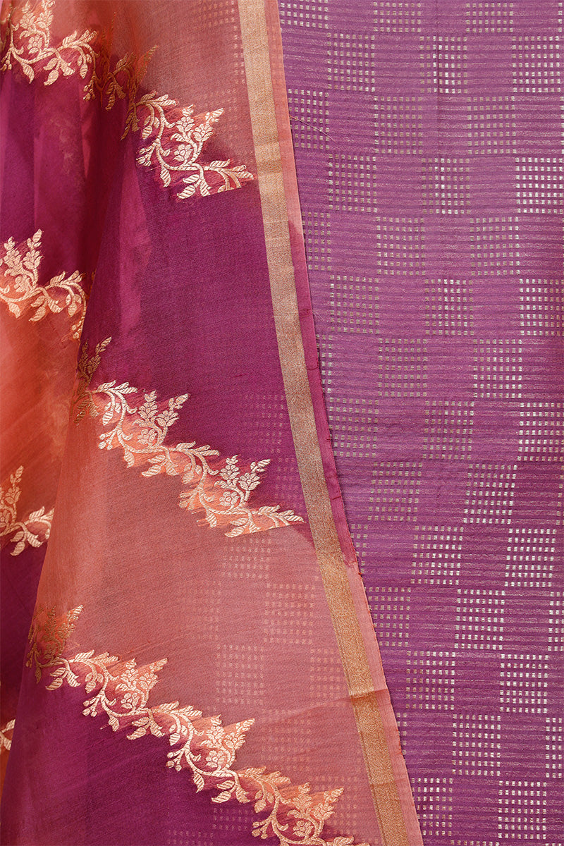 Deep Mauve Mulberry Silk Suit Piece with Rangkat Organza Dupatta