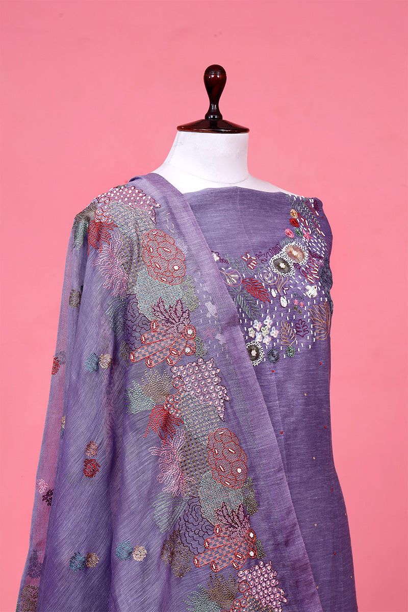 Steel Grey Linen Silk Suit piece with Beaded and Resham Embellishments