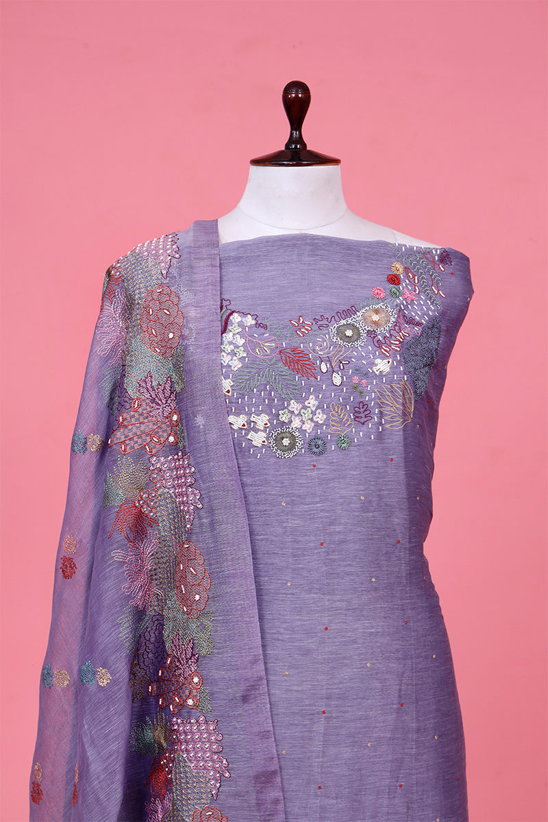 Steel Grey Linen Silk Suit piece with Beaded and Resham Embellishments