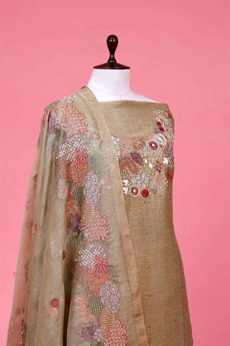 Olive Green Linen Silk Suit Piece with Beaded and Resham Embellishments