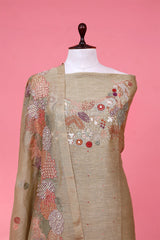 Olive Green Linen Silk Suit Piece with Beaded and Resham Embellishments