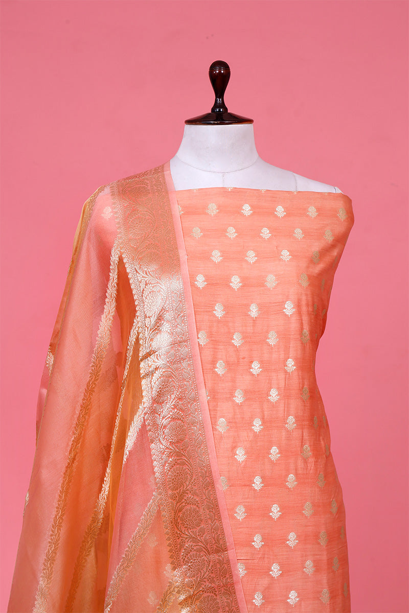 Peach Chiniya Silk Suit Piece with Rangkat Organza Dupatta