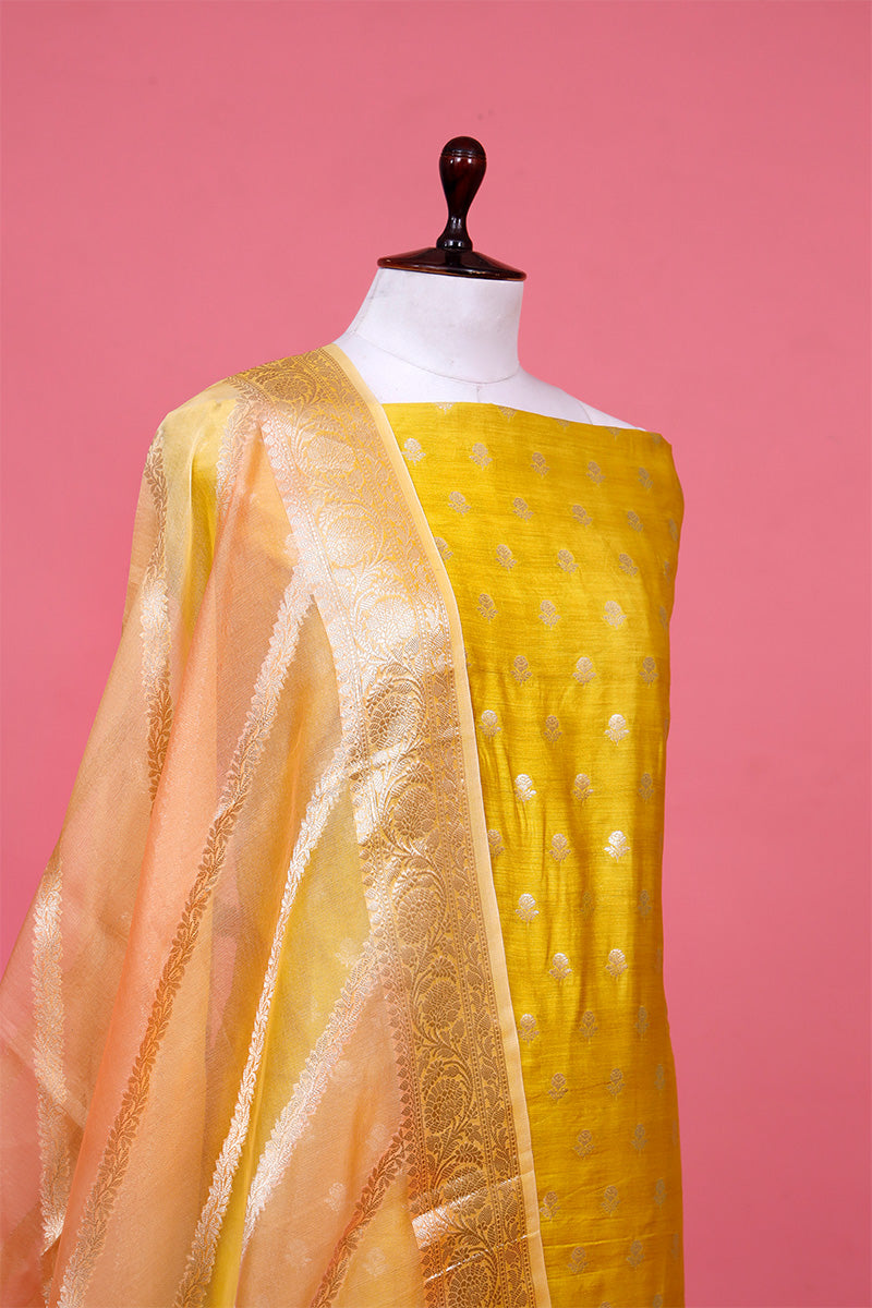 Yellow Chiniya Silk Suit Piece with Rangkat Organza Dupatta