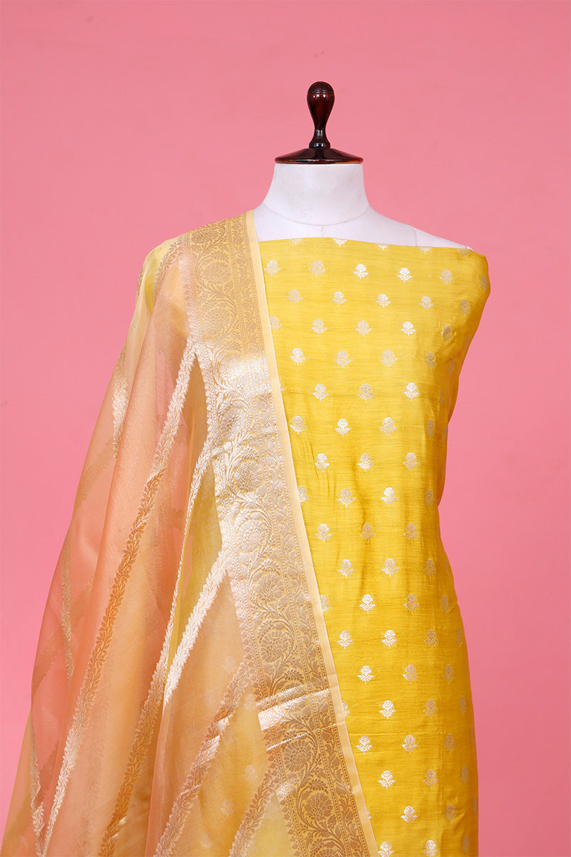 Yellow Chiniya Silk Suit Piece with Rangkat Organza Dupatta