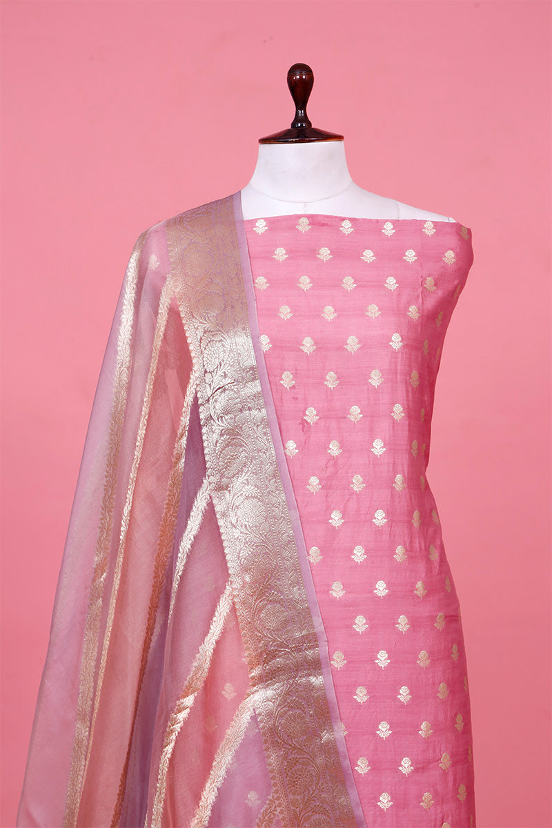 Pink Chiniya Silk Unstitched Salwar Suit with Organza Dupatta