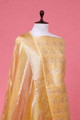 Yellow Banarasi Silk Unstitched Salwar Suit with Rangkat Organza Dupatta