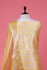 Yellow Banarasi Silk Unstitched Salwar Suit with Rangkat Organza Dupatta