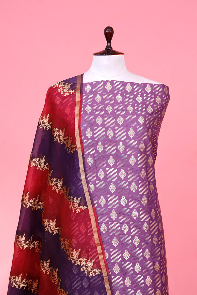 Purple Mulberry Silk Unstitched Salwar Suit with Rangkat Dupatta