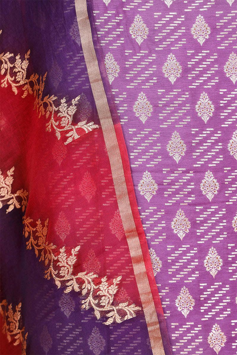 Purple Mulberry Silk Unstitched Salwar Suit with Rangkat Dupatta