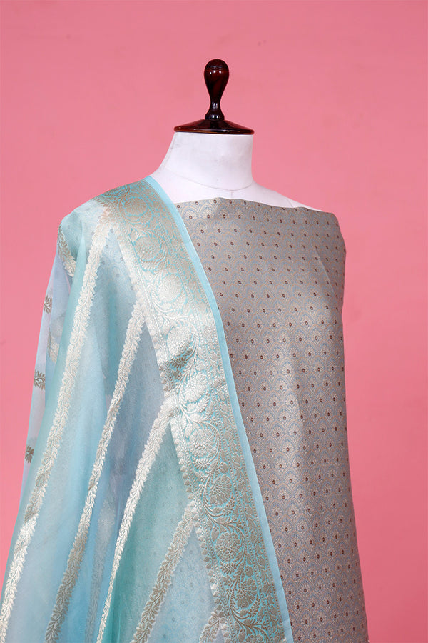 Grey Banarasi Silk Unstitched Salwar Suit with Organza Dupatta