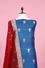 Blue Handloom Tussar Silk Suit Piece with Organza Dupatta