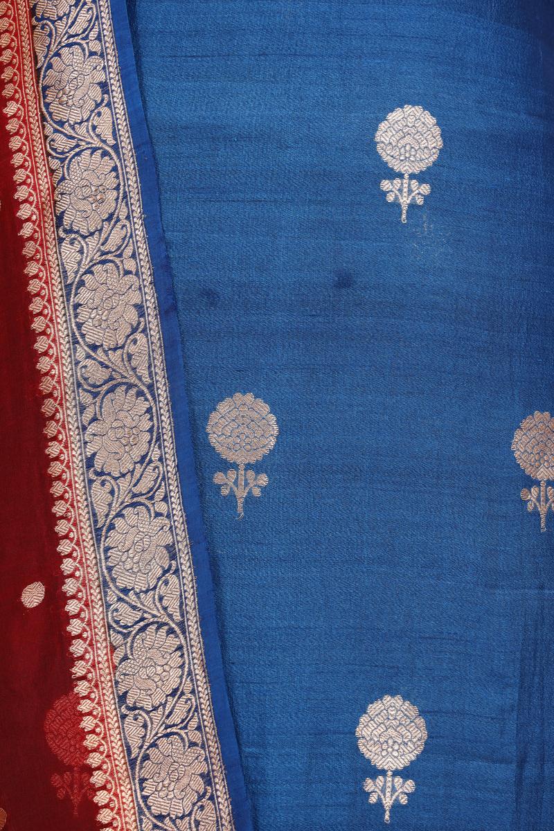 Blue Handloom Tussar Silk Suit Piece with Organza Dupatta