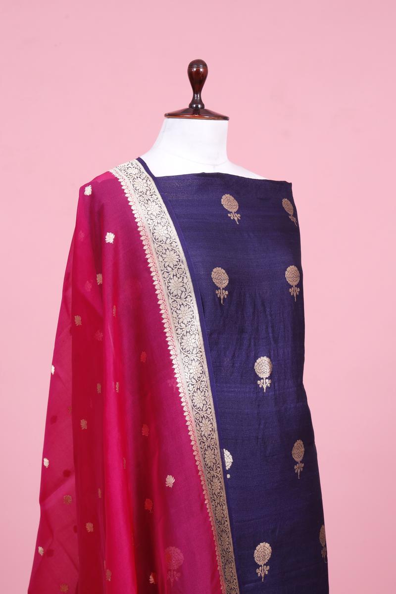 Ink Blue Handloom Tussar Silk Suit Piece with Organza Dupatta