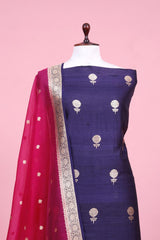 Ink Blue Handloom Tussar Silk Suit Piece with Organza Dupatta